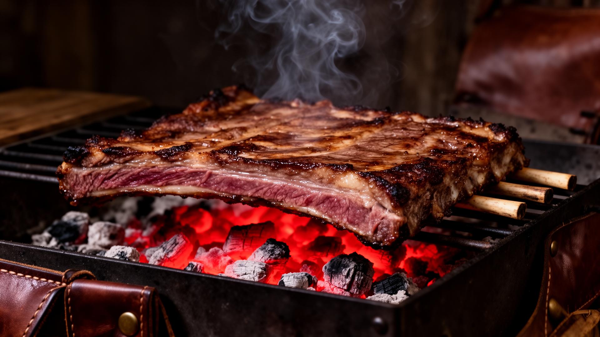 Costela suculenta sobre brasas em parrilla tradicional